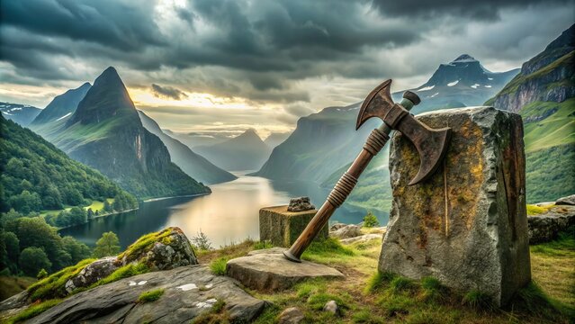 Ancient Viking battle-axe rests against a weathered stone monument, adorned with intricate Norse runes, surrounded by misty fjords and rugged Scandinavian landscape.