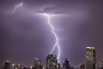 A single lightning bolt striking a tall skyscraper in a modern cityscape, AI Generated