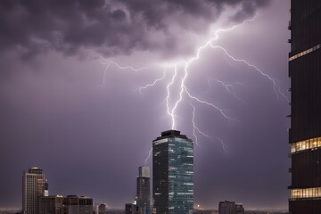 A single lightning bolt striking a tall skyscraper in a modern cityscape, AI Generated