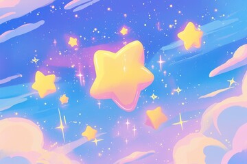 パステルカラーの夜空に立体感のある星が浮かんでいるファンタジーなイラスト（夜空・星・パステルカラー・ファンタジー）
