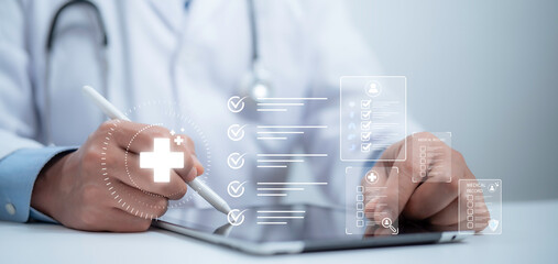 Medical performance checklist, Medical worker using laptop doing online checklist survey, filling...