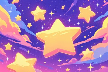 パステルカラーの夜空に立体感のある星が浮かんでいるファンタジーなイラスト（夜空・星・パステルカラー・ファンタジー）