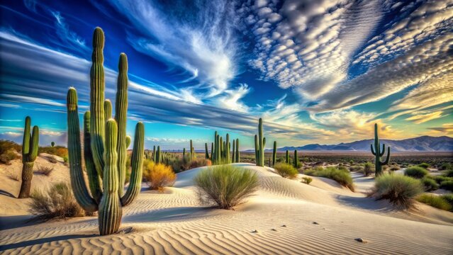 A serene and vibrant Mexican desert landscape featuring majestic saguaro cacti, vast sandy dunes, and a brilliant turquoise sky with wispy white clouds.