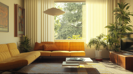 70s home decor interior design living room with a sleek lounge sofa, windows on the back wall, sunlight 