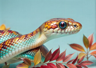 Fototapeta premium cute multicolored snake on a discreet blue background with autumn leaves 