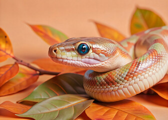 cute multicolored snake on a discreet beige and orange background with autumn leaves 