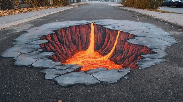 Anamorphosis 3D Painting on Asphalt Featuring a Large Deep Fault with Boiling Lava