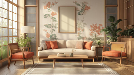 Fototapeta premium 70s home decor interior design living room with a sleek lounge sofa, windows on the back wall, sunlight 