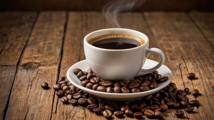 Fototapeta premium Cup of fresh coffee with beans on wooden background banner