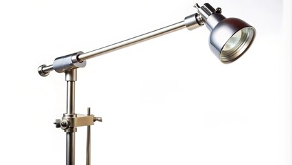 A silver metallic light stand with an adjustable arm and clamp, isolated on a white background, casting a slight shadow underneath.