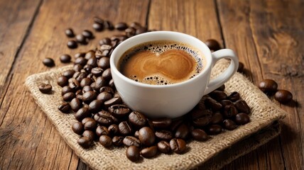Cup of fresh coffee with beans on wooden background banner 