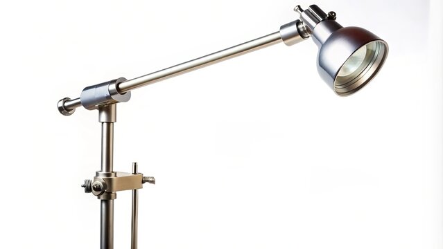 A silver metallic light stand with an adjustable arm and clamp, isolated on a white background, casting a slight shadow underneath.