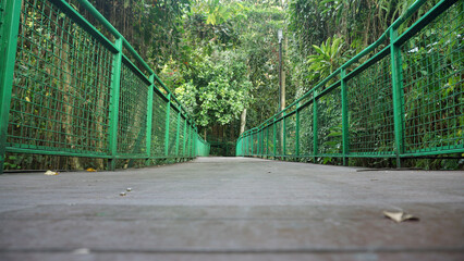 Obraz premium Wooden bridge with metal guard rails in the forest.
