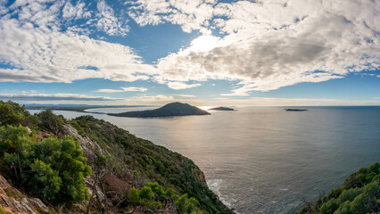 Panoramic views from Tomaree Mountain, overlooking Port Stephens and the rugged Australian coastline, NSW