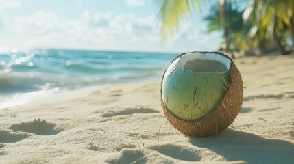 Obraz premium A Half-Opened Coconut Shell Resting on a Sandy Beach