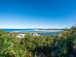 Panoramic views of the Nambucca River estuary and Pacific Ocean from Rotary Lookout, a serene spot on the NSW Mid North Coast, Australia