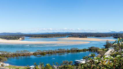 Panoramic views of the Nambucca River estuary and Pacific Ocean from Rotary Lookout, a serene spot on the NSW Mid North Coast, Australia