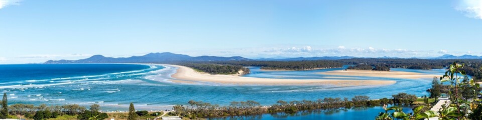 Panoramic views of the Nambucca River estuary and Pacific Ocean from Rotary Lookout, a serene spot on the NSW Mid North Coast, Australia