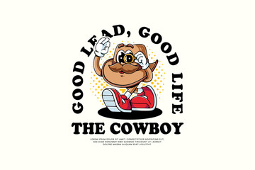 cowboy hat retro cartoon character mascot illustration with walking pose, holding monocle glasses and ok hand for adventure wild west mascots and merchandise