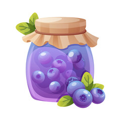 Blueberry jam jar. Glass jar with sweet blueberry preserves. Vector illustration on white background
