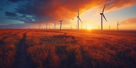 Fototapeta premium Serene Sunset Over Wind Turbine Farm, generative ai