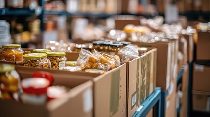 Fototapeta premium Canned Goods and Packaged Foods Stacked in a Community Food Bank