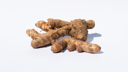 Organic Turmeric Root Highlighted on a Plain White Background with Subtle Lighting