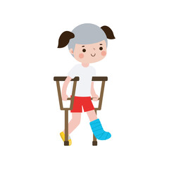 thai kid injured with broken leg in gypsum. little children standing on crutches, cartoon teen disabled character broken leg in plaster. isolated on white background Vector illustration