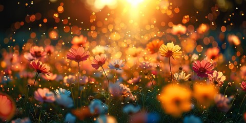 A vibrant and colorful field of blooming flowers illuminated by warm sunlight and enchanting bokeh effects