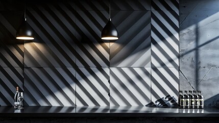 Obraz premium Modern minimalist interior with black and white striped wall, two pendant lights and a countertop.