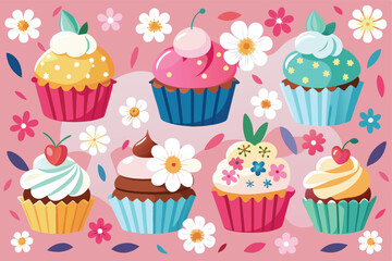 Früchten and Eisbecher dessert background vector design illustration. with beautiful floral decoration.