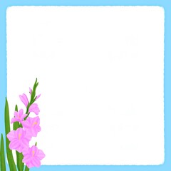 Pink gladiolus on white sticky notes on blue background