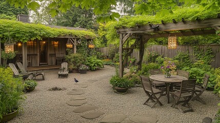 Obraz premium Beautiful Backyard Garden with Lush Green Foliage and Rustic Elements