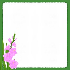 Pink gladiolus on white sticky notes on green background