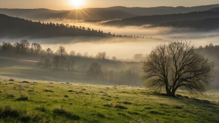 Fototapeta premium Meadow landscape in spring with sun and fog