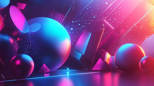 Futuristic and vibrant geometric 3D shapes with holographic textures, geometric 3D background