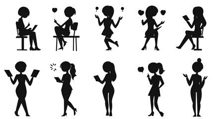 Obraz premium Silhouette illustrations of women engaging with devices in various poses.