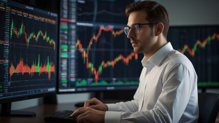 Fototapeta premium A male analyst in a white shirt is seated before a large screen, analyzing moving Japanese candlestick charts