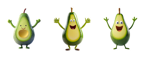 3d cartoon, happy avocado character with arms and legs , white background,