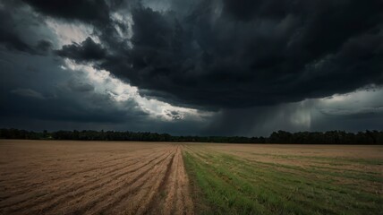  Moody field with ominous dark clouds