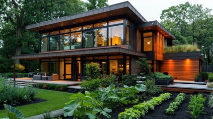 Obraz premium Modern, wooden house with large windows and lush green landscaping.