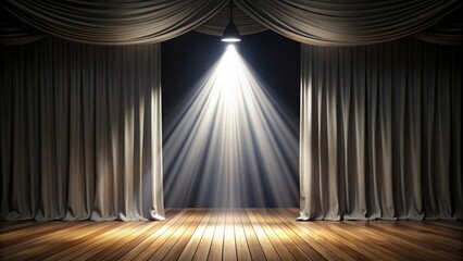 Bright white spotlight shines down on a sleek, empty stage, casting a dramatic glow on the dark, velvety curtains and polished wooden floorboards.
