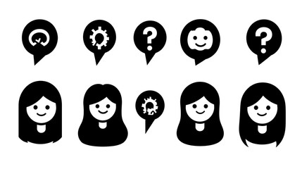 A collection of simple icons representing different emotions and thoughts through faces.