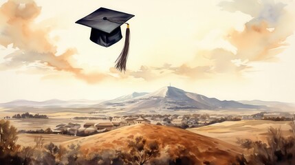 A whimsical graduation cap floats above tranquil hills, symbolizing achievement and dreams in a serene landscape.