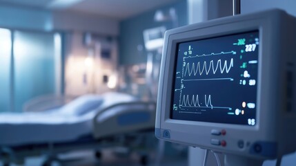 Vital Signs Monitor in Hospital Room with Blurred Background of Patient's Bed