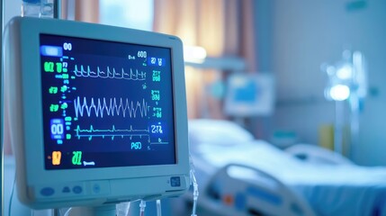 Fototapeta premium Vital Signs Monitor in Hospital Room with Blurred Background of Patient's Bed