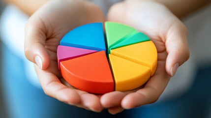 Close-up of hands holding a pie chart showing 2024 financial distribution