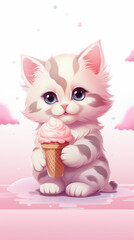 Adorable kitten with ice cream cone, perfect for cute and whimsical themes. Ideal for children's content and animal lovers.
