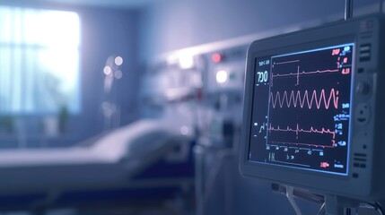 Vital Signs Monitor in Hospital Room with Blurred Background of Patient's Bed