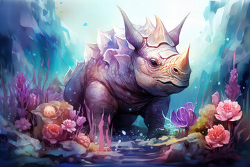 A whimsical underwater scene featuring a vibrant Triceratops surrounded by colorful coral and aquatic plants.